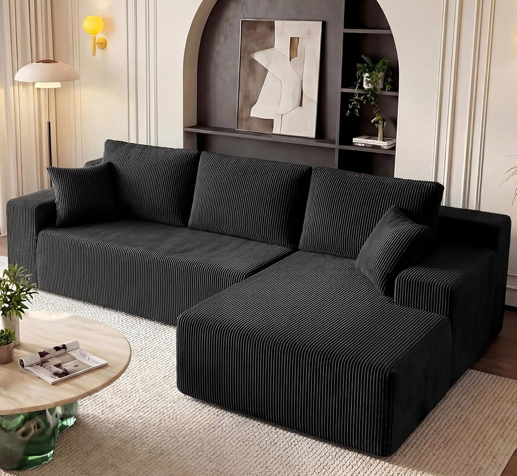 Cloud Sectional Boneless Couches for Living Room, Modular L Shaped Couch with Deep Seat Oversized Right Facing Chaise, Memory Foam Compressed Spineless 3 Seater Sofa for Apartment, Black