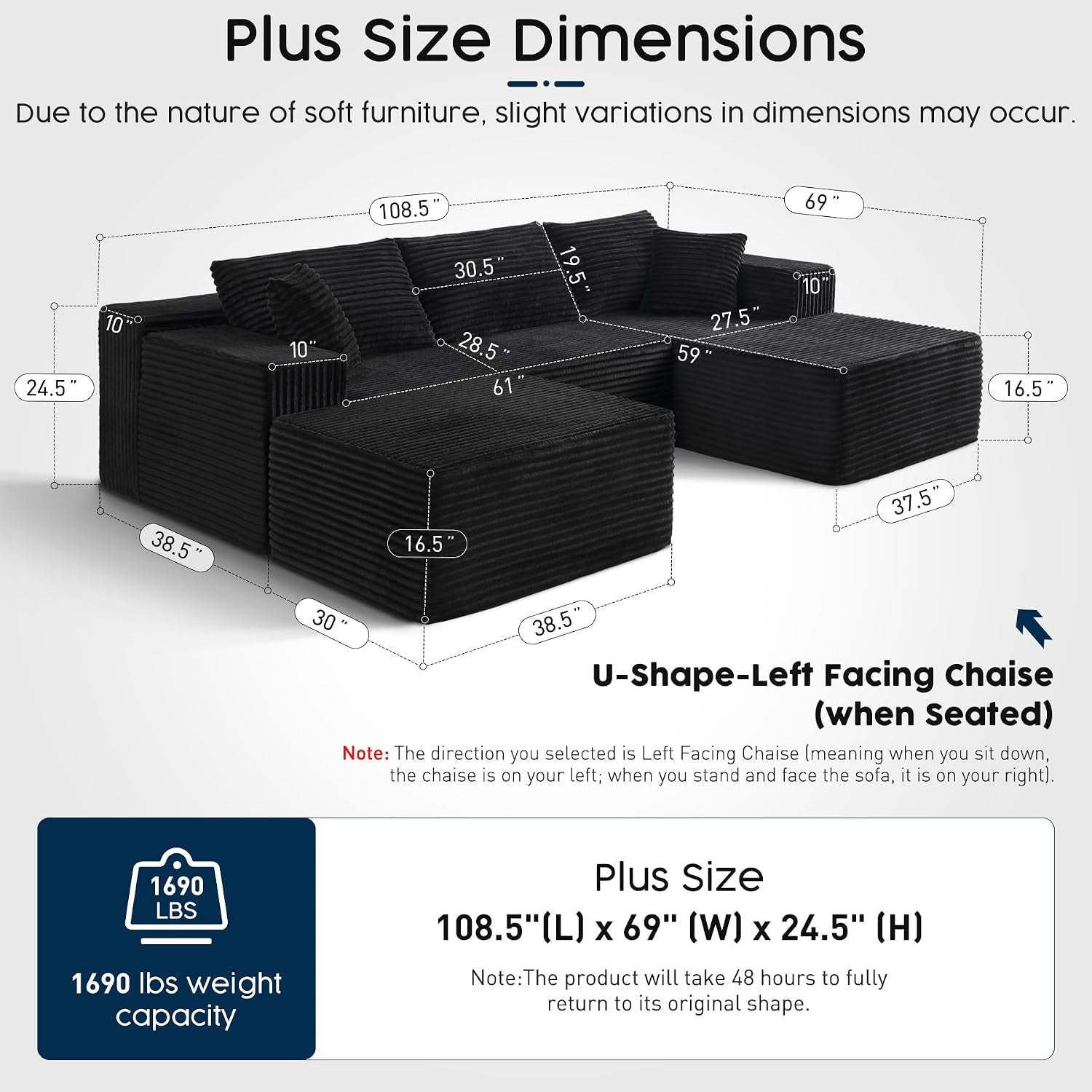 Black U Shaped Sectional Couch with Ottoman for Living Room, 108" Modular Cloud Sofa with Left Facing Chaise, Deep Seat Corduroy Boneless Couch, Modern No Assembly Large Sofa