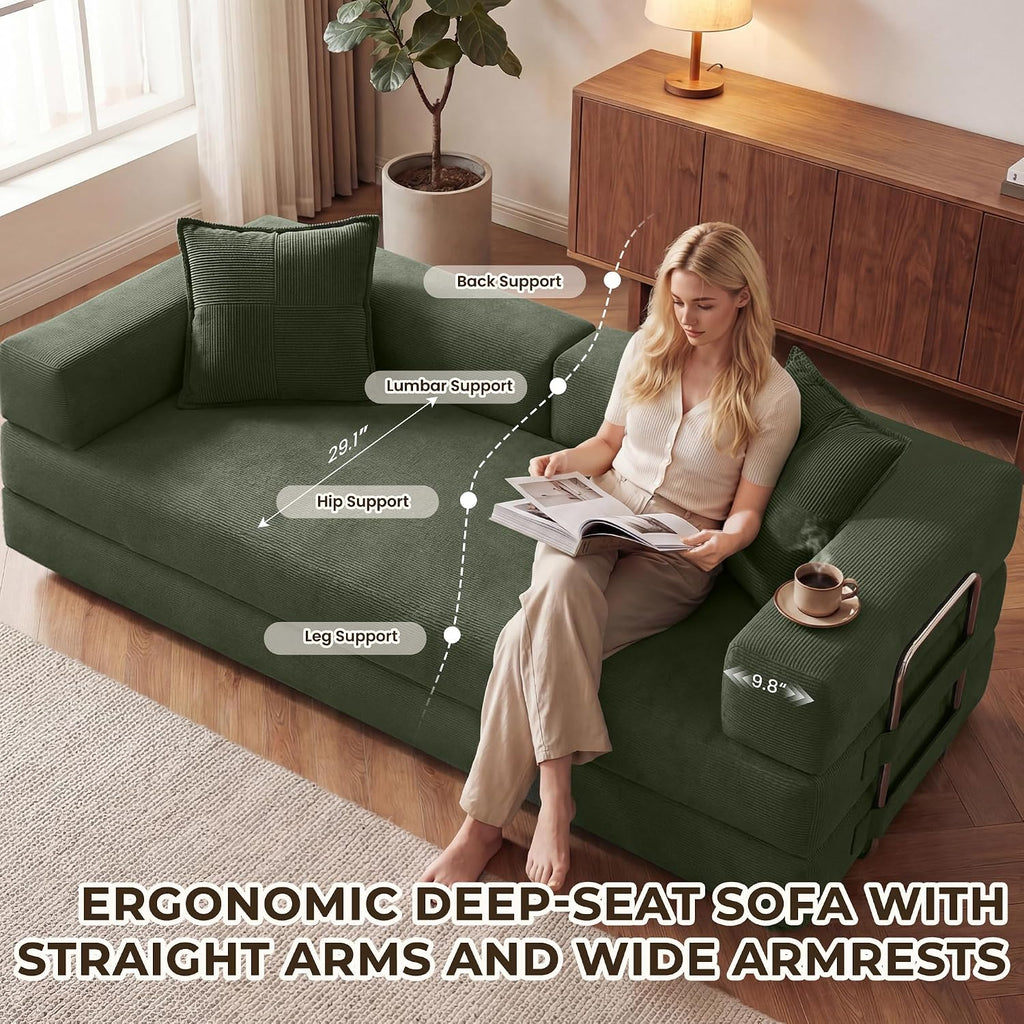 78 Inch Convertible Sofa Bed, 5-In-1 Futon Sofa Bed Pull Out Couch, Boneless Couch Bed for Living Room, Corduroy Boneless Couches for Bedroom, Apartment, No Assembly Sleeper Sofa Bed, Green