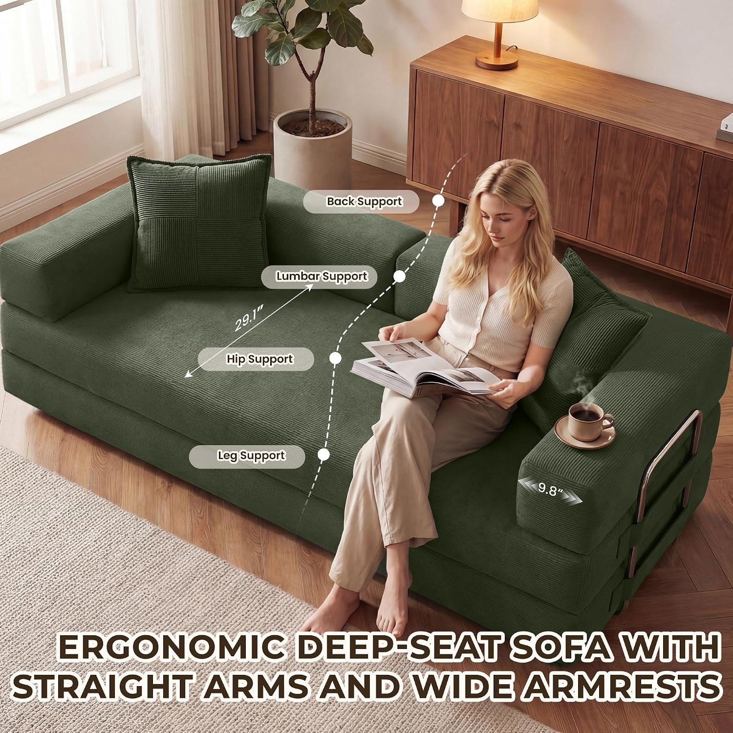 78 Inch Convertible Sofa Bed, 5-In-1 Futon Sofa Bed Pull Out Couch, Boneless Couch Bed for Living Room, Corduroy Boneless Couches for Bedroom, Apartment, No Assembly Sleeper Sofa Bed, Green