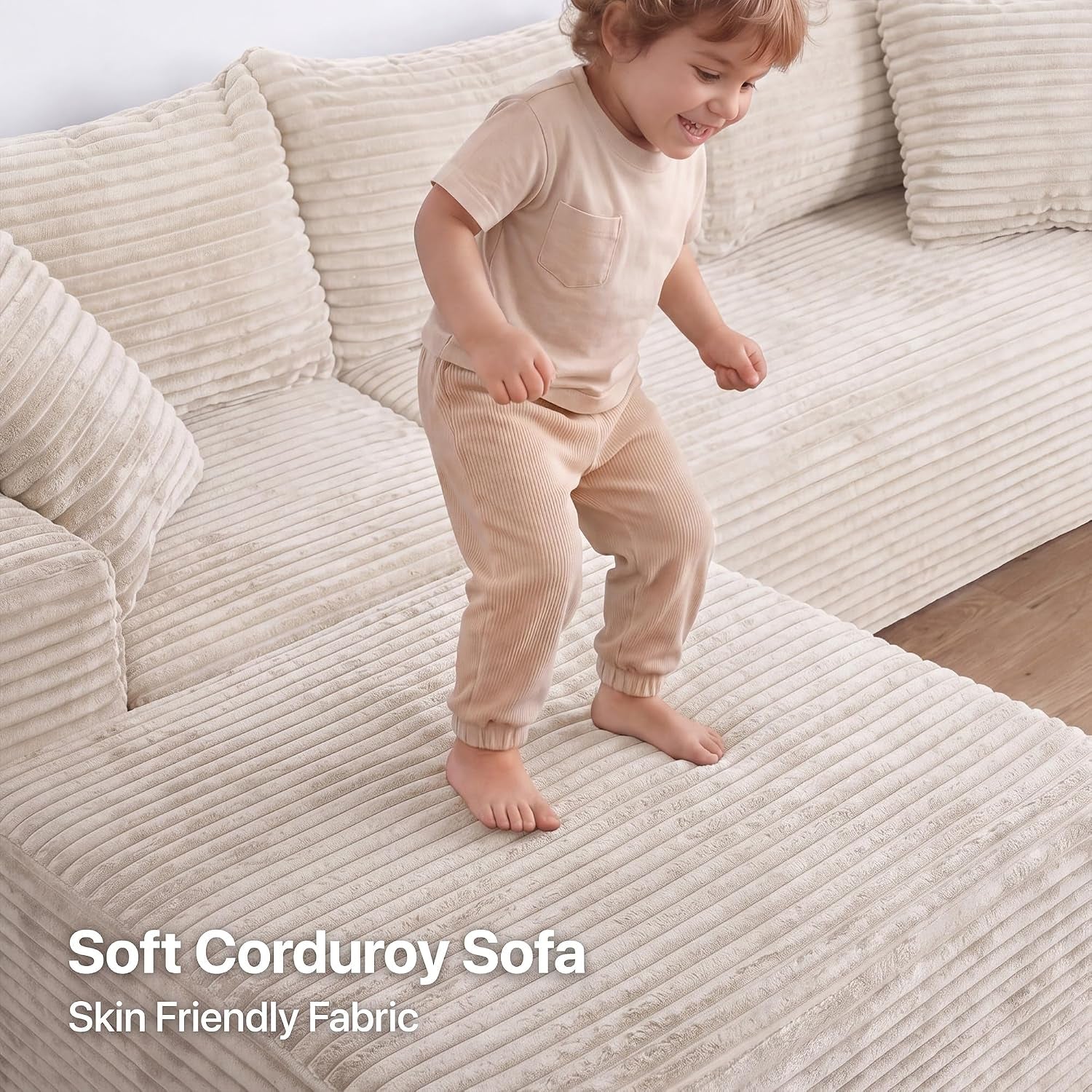 94" Boneless Couch, L-Shape Corduroy Sectional Sofa, Beige | Flexible Module Combination for Living Room, No Assembly, Deep Seat,Stain Resistant Abrasion, Apartment, Includes 1 Ottoman