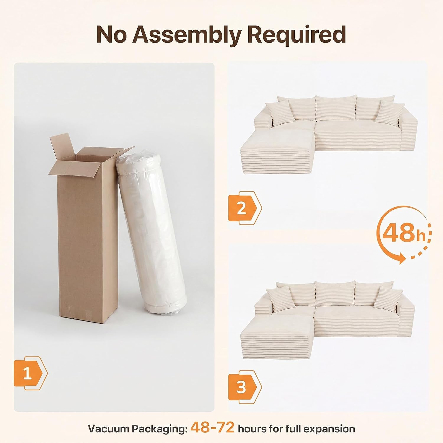 94" Boneless Couch, L-Shape Corduroy Sectional Sofa, Beige | Flexible Module Combination for Living Room, No Assembly, Deep Seat,Stain Resistant Abrasion, Apartment, Includes 1 Ottoman