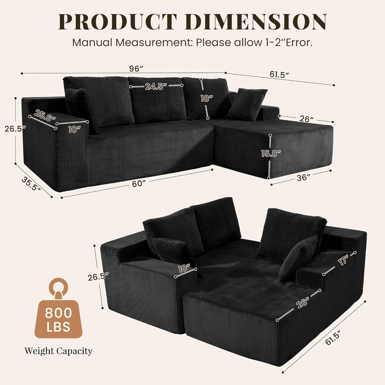 Cloud Sectional Boneless Couches for Living Room, Modular L Shaped Couch with Deep Seat Oversized Right Facing Chaise, Memory Foam Compressed Spineless 3 Seater Sofa for Apartment, Black