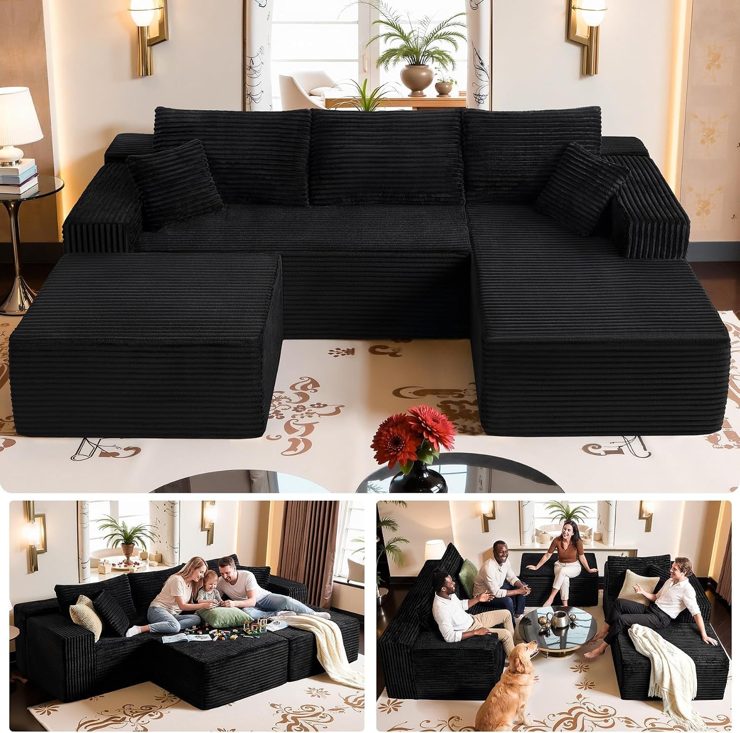 Black U Shaped Sectional Couch with Ottoman for Living Room, 108" Modular Cloud Sofa with Left Facing Chaise, Deep Seat Corduroy Boneless Couch, Modern No Assembly Large Sofa