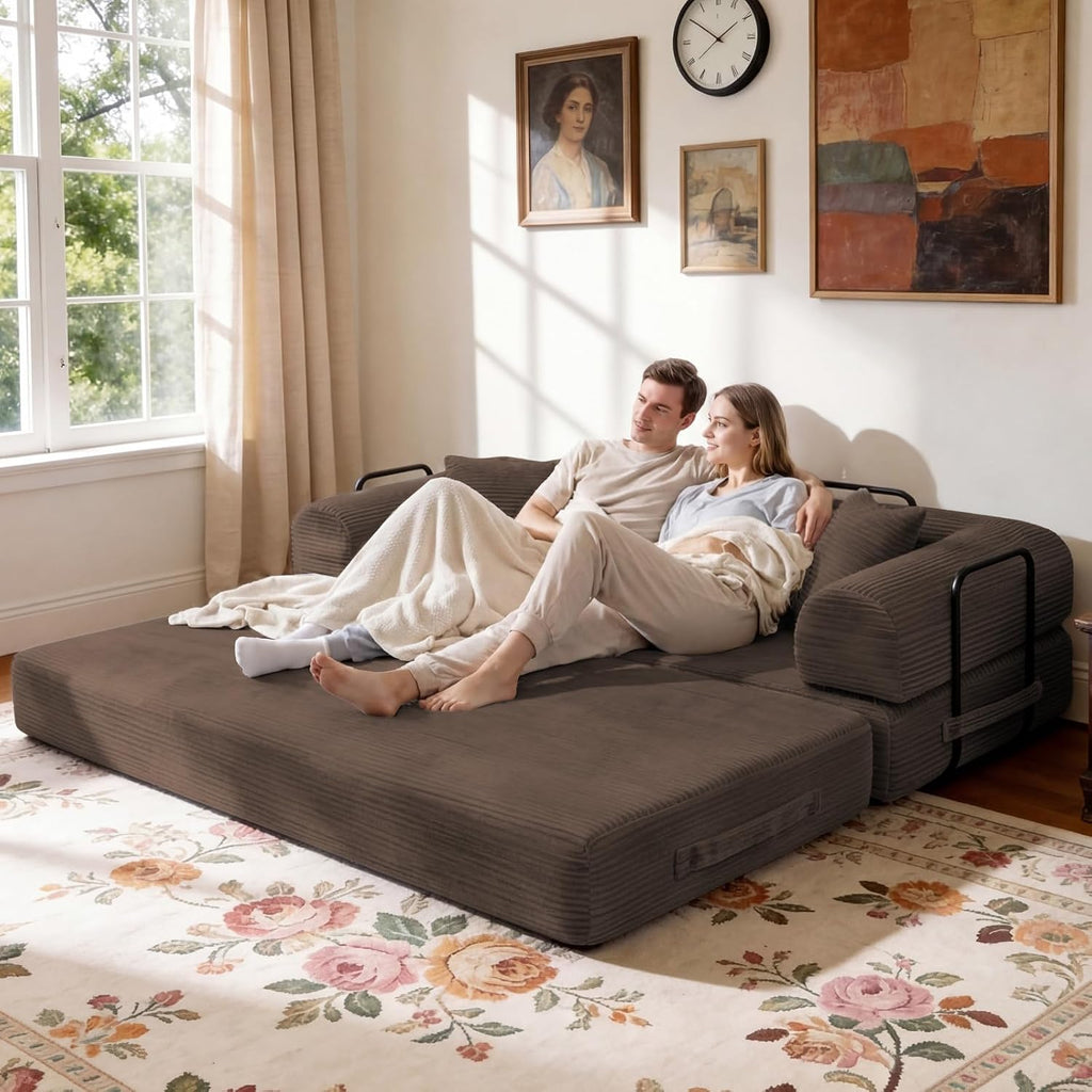 79" Memory Foam Sofa Bed, Convertible Futon Boneless Couch for Living Room | Corduroy Loveseat Sleeper, Modular Floor Futon with 2 Pillows, 26" Deep Seat, No Assembland and Removable Washable Covers