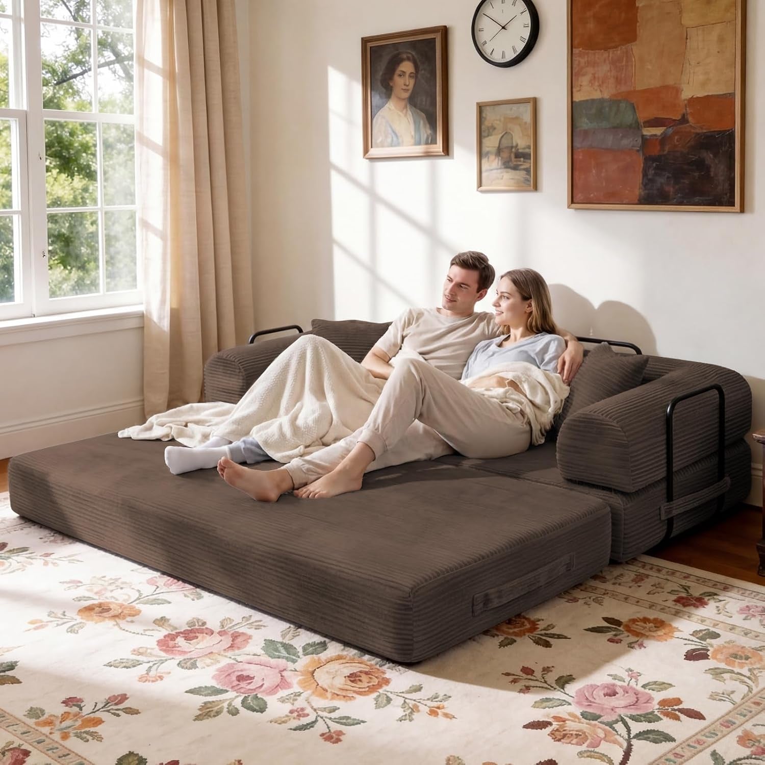 79" Memory Foam Sofa Bed, Convertible Futon Boneless Couch for Living Room | Corduroy Loveseat Sleeper, Modular Floor Futon with 2 Pillows, 26" Deep Seat, No Assembland and Removable Washable Covers