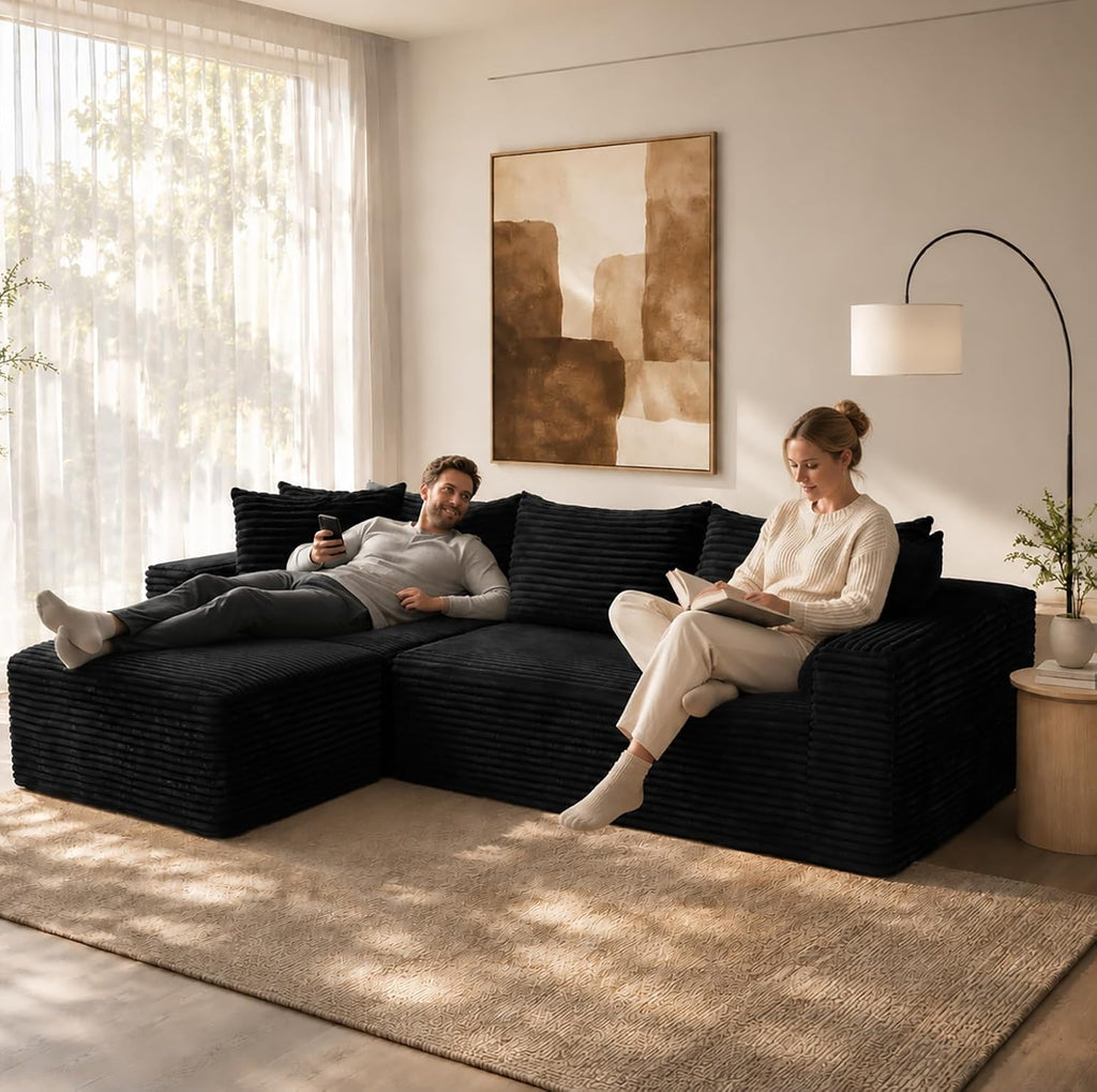 108" Modular Sectional Cloud Couch for Living Room Deep Seat L Shapes Boneless Couch with Oversized Chaise Lounge, Comfy Memory Foam Flannel Fabric Sofa for Bedroom Apartment, No Assembly Required