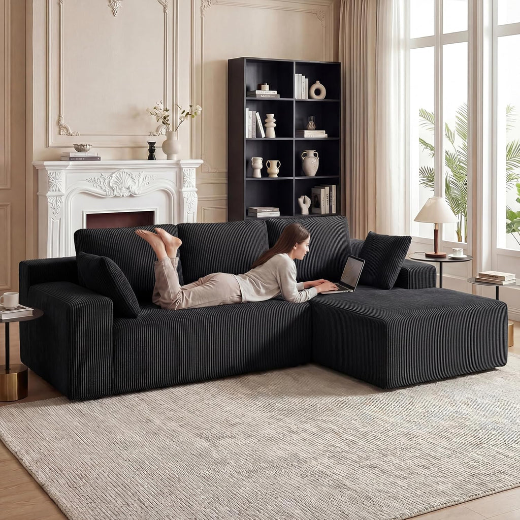 Cloud Sectional Boneless Couches for Living Room, Modular L Shaped Couch with Deep Seat Oversized Right Facing Chaise, Memory Foam Compressed Spineless 3 Seater Sofa for Apartment, Black