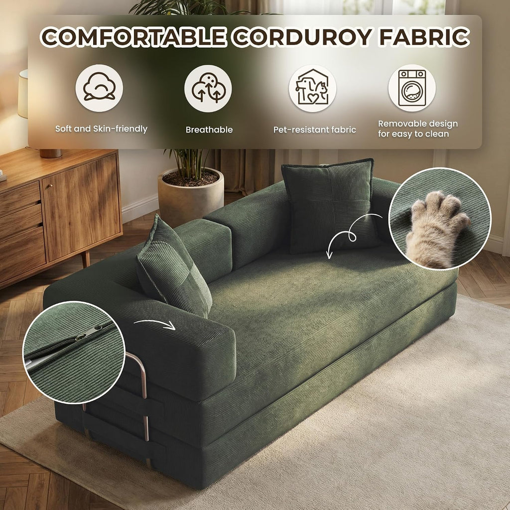 78 Inch Convertible Sofa Bed, 5-In-1 Futon Sofa Bed Pull Out Couch, Boneless Couch Bed for Living Room, Corduroy Boneless Couches for Bedroom, Apartment, No Assembly Sleeper Sofa Bed, Green