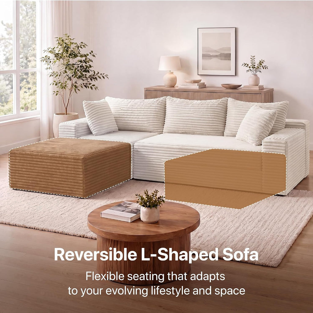 94" Boneless Couch, L-Shape Corduroy Sectional Sofa, Beige | Flexible Module Combination for Living Room, No Assembly, Deep Seat,Stain Resistant Abrasion, Apartment, Includes 1 Ottoman