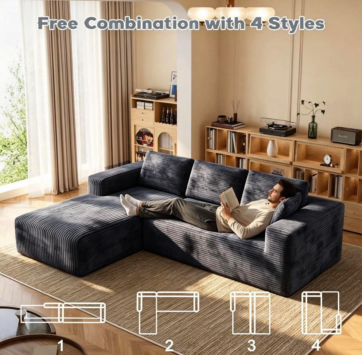 106" Corduroy Sectional Couch, Boneless L Shaped Couch with Deep Seat, Cloud Foam Sofa with Oversized Chaise, Sectional Sofa No Assembly Needed for Living Room