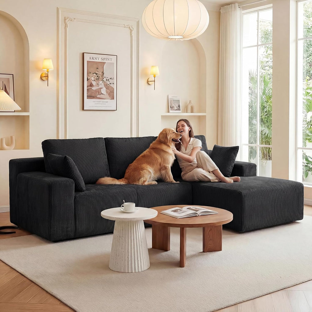 Cloud Sectional Boneless Couches for Living Room, Modular L Shaped Couch with Deep Seat Oversized Right Facing Chaise, Memory Foam Compressed Spineless 3 Seater Sofa for Apartment, Black