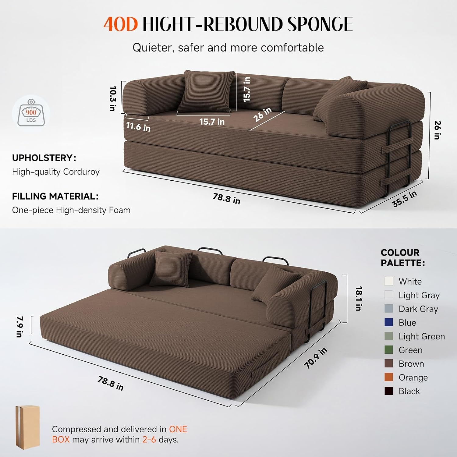 79" Memory Foam Sofa Bed, Convertible Futon Boneless Couch for Living Room | Corduroy Loveseat Sleeper, Modular Floor Futon with 2 Pillows, 26" Deep Seat, No Assembland and Removable Washable Covers