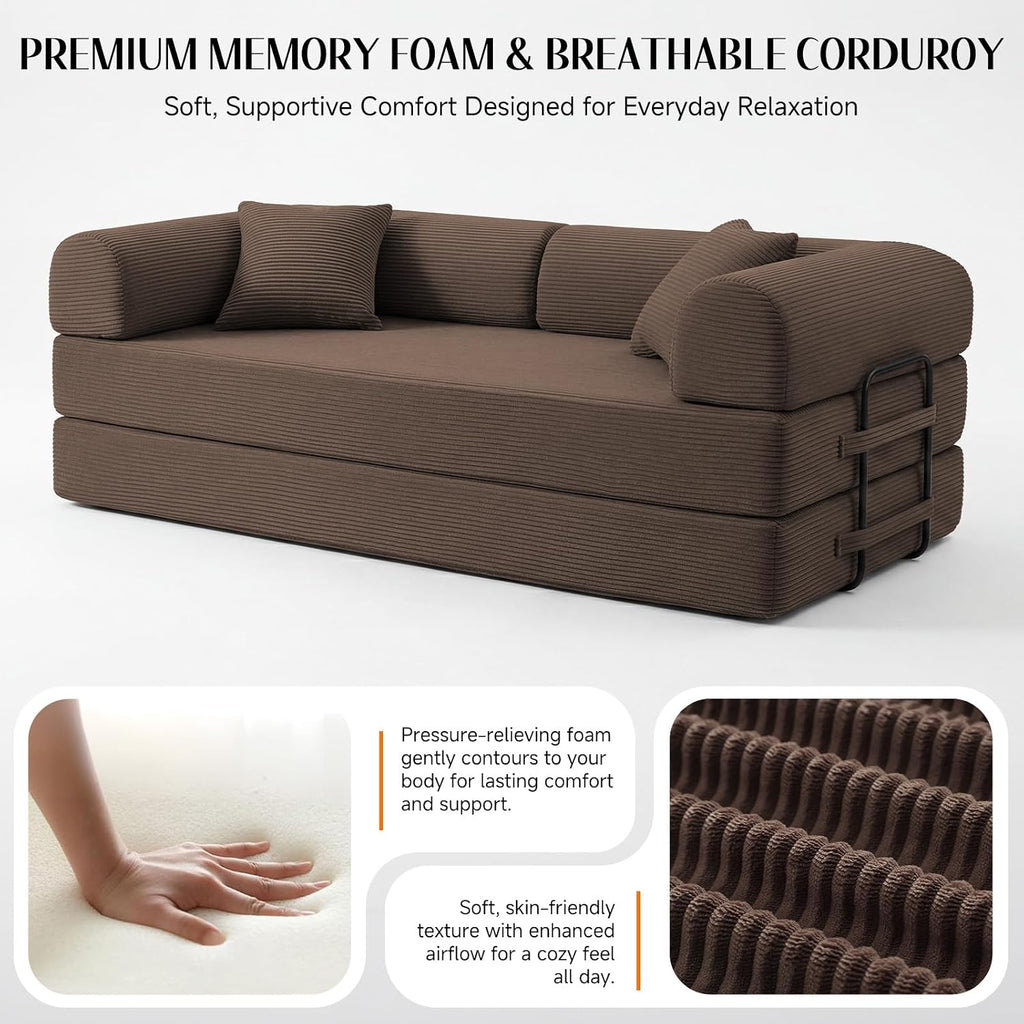 79" Memory Foam Sofa Bed, Convertible Futon Boneless Couch for Living Room | Corduroy Loveseat Sleeper, Modular Floor Futon with 2 Pillows, 26" Deep Seat, No Assembland and Removable Washable Covers