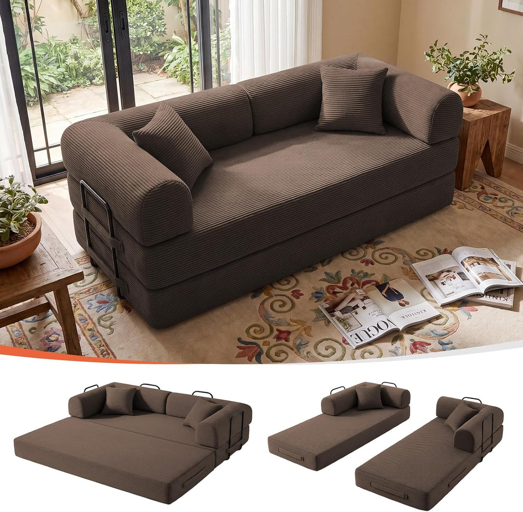 79" Memory Foam Sofa Bed, Convertible Futon Boneless Couch for Living Room | Corduroy Loveseat Sleeper, Modular Floor Futon with 2 Pillows, 26" Deep Seat, No Assembland and Removable Washable Covers