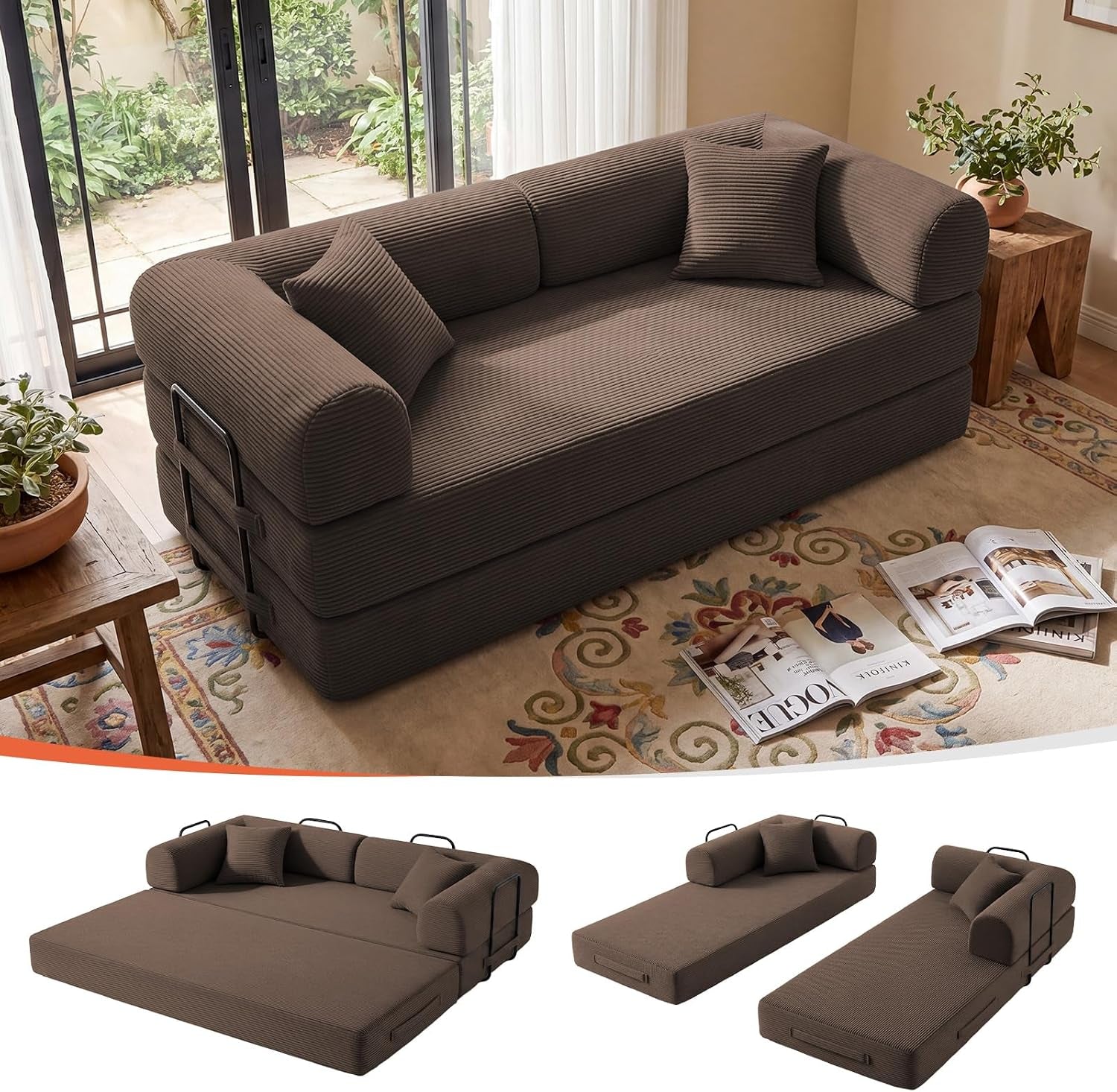 79" Memory Foam Sofa Bed, Convertible Futon Boneless Couch for Living Room | Corduroy Loveseat Sleeper, Modular Floor Futon with 2 Pillows, 26" Deep Seat, No Assembland and Removable Washable Covers