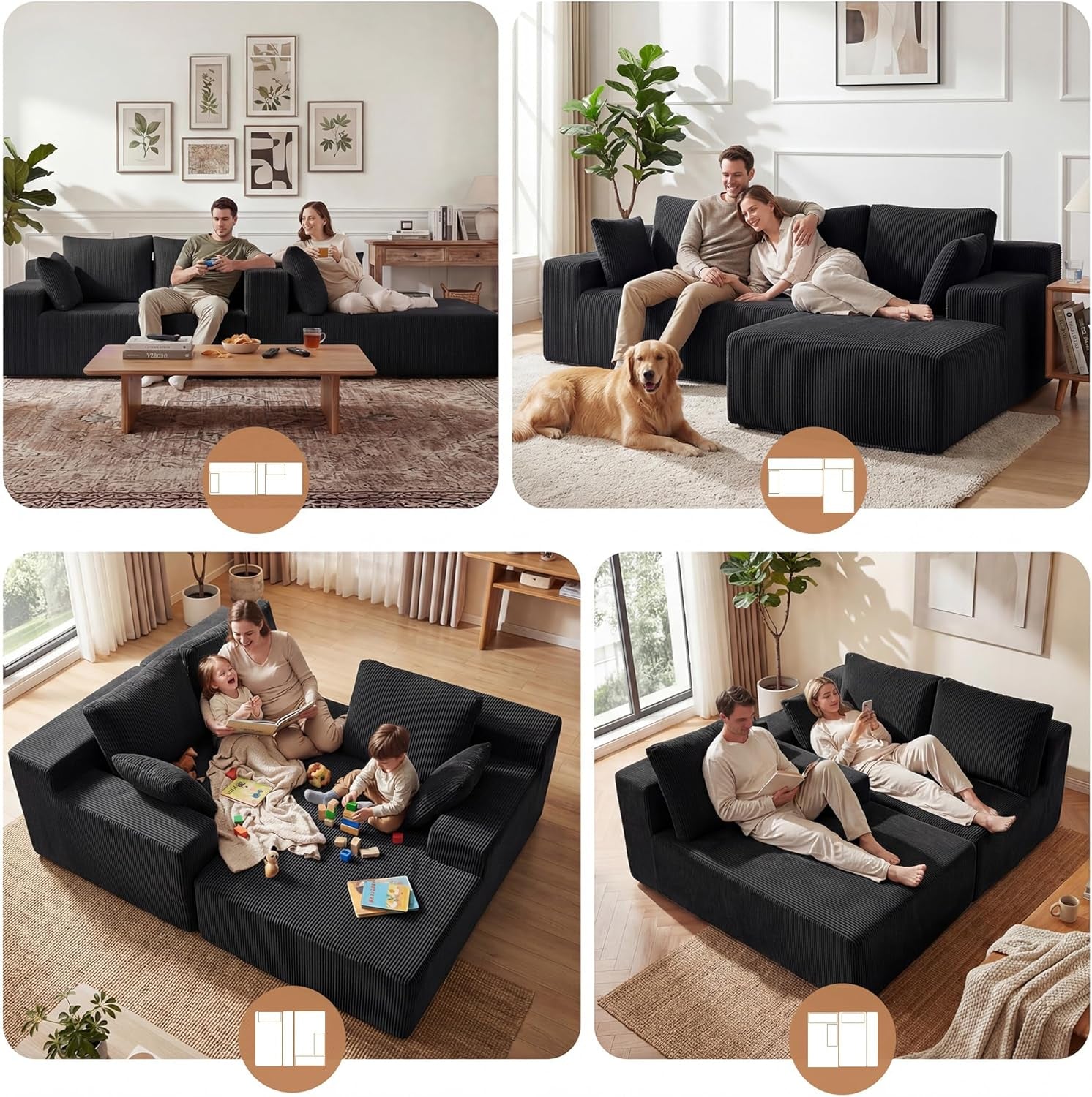 Cloud Sectional Boneless Couches for Living Room, Modular L Shaped Couch with Deep Seat Oversized Right Facing Chaise, Memory Foam Compressed Spineless 3 Seater Sofa for Apartment, Black