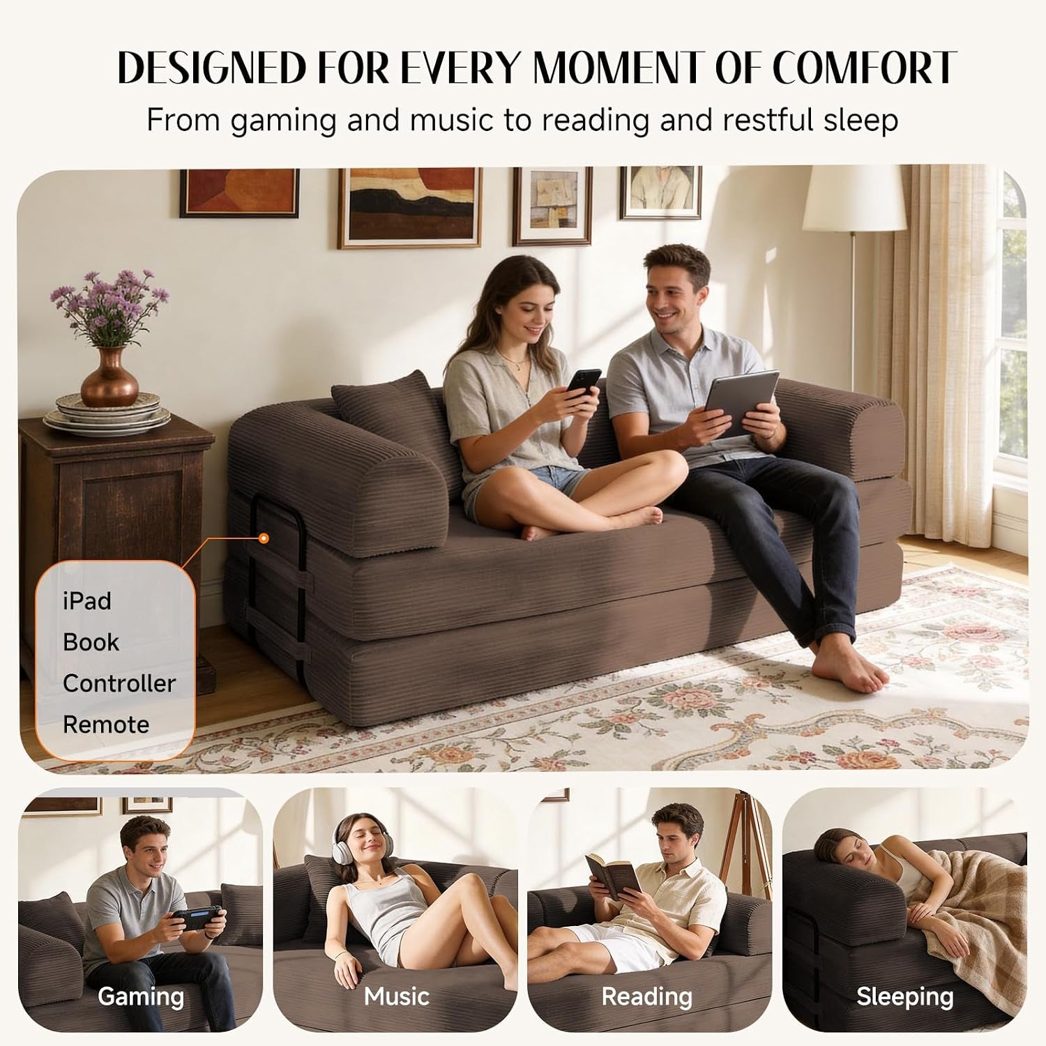 79" Memory Foam Sofa Bed, Convertible Futon Boneless Couch for Living Room | Corduroy Loveseat Sleeper, Modular Floor Futon with 2 Pillows, 26" Deep Seat, No Assembland and Removable Washable Covers