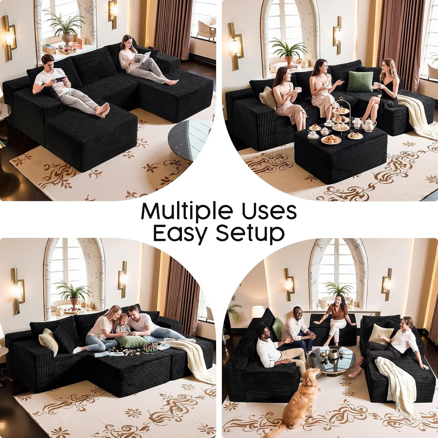 Black U Shaped Sectional Couch with Ottoman for Living Room, 108" Modular Cloud Sofa with Left Facing Chaise, Deep Seat Corduroy Boneless Couch, Modern No Assembly Large Sofa