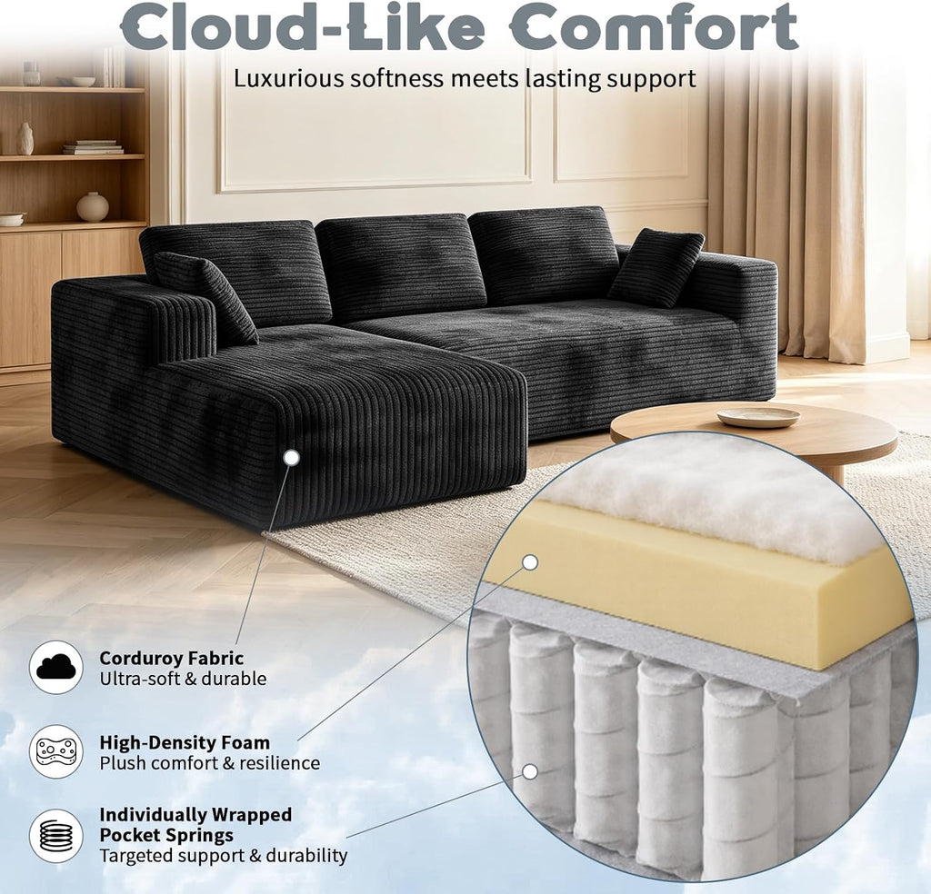106" Corduroy Sectional Couch, Boneless L Shaped Couch with Deep Seat, Cloud Foam Sofa with Oversized Chaise, Sectional Sofa No Assembly Needed for Living Room