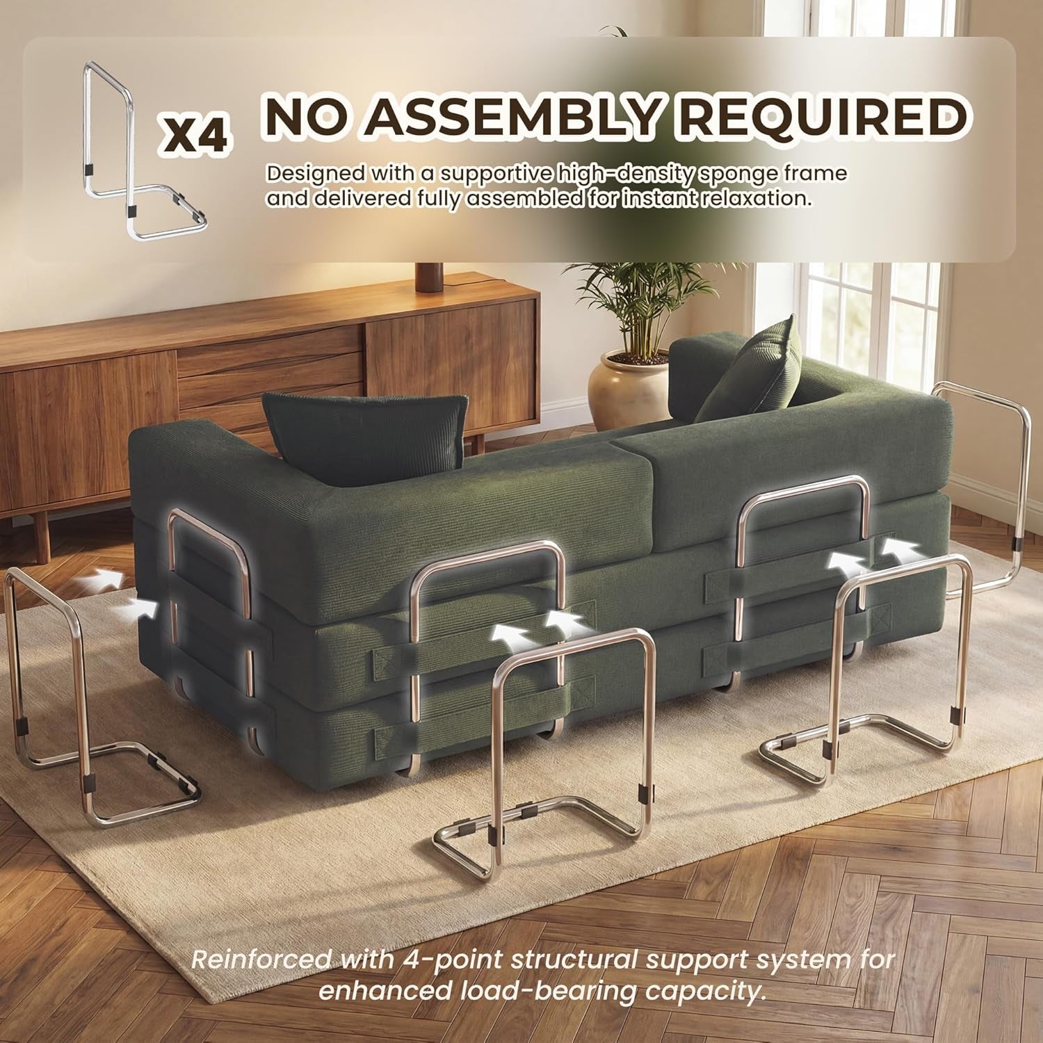 78 Inch Convertible Sofa Bed, 5-In-1 Futon Sofa Bed Pull Out Couch, Boneless Couch Bed for Living Room, Corduroy Boneless Couches for Bedroom, Apartment, No Assembly Sleeper Sofa Bed, Green