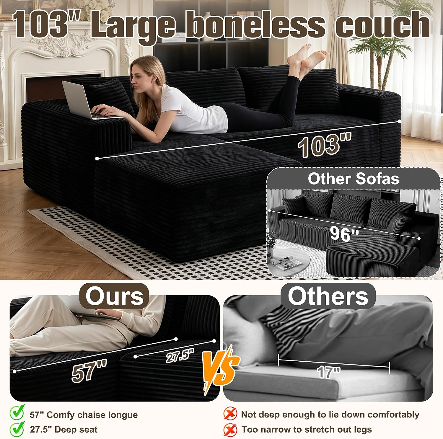 103" Boneless Couches for Living Room with 2 Cup Holders,L Shaped Modular Sectional Sofa Set,No Assembly Needed Plush Corduroy Living Room Set,Black