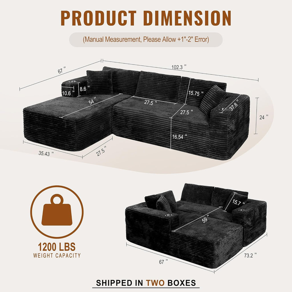 103" Boneless Couches for Living Room with 2 Cup Holders,L Shaped Modular Sectional Sofa Set,No Assembly Needed Plush Corduroy Living Room Set,Black
