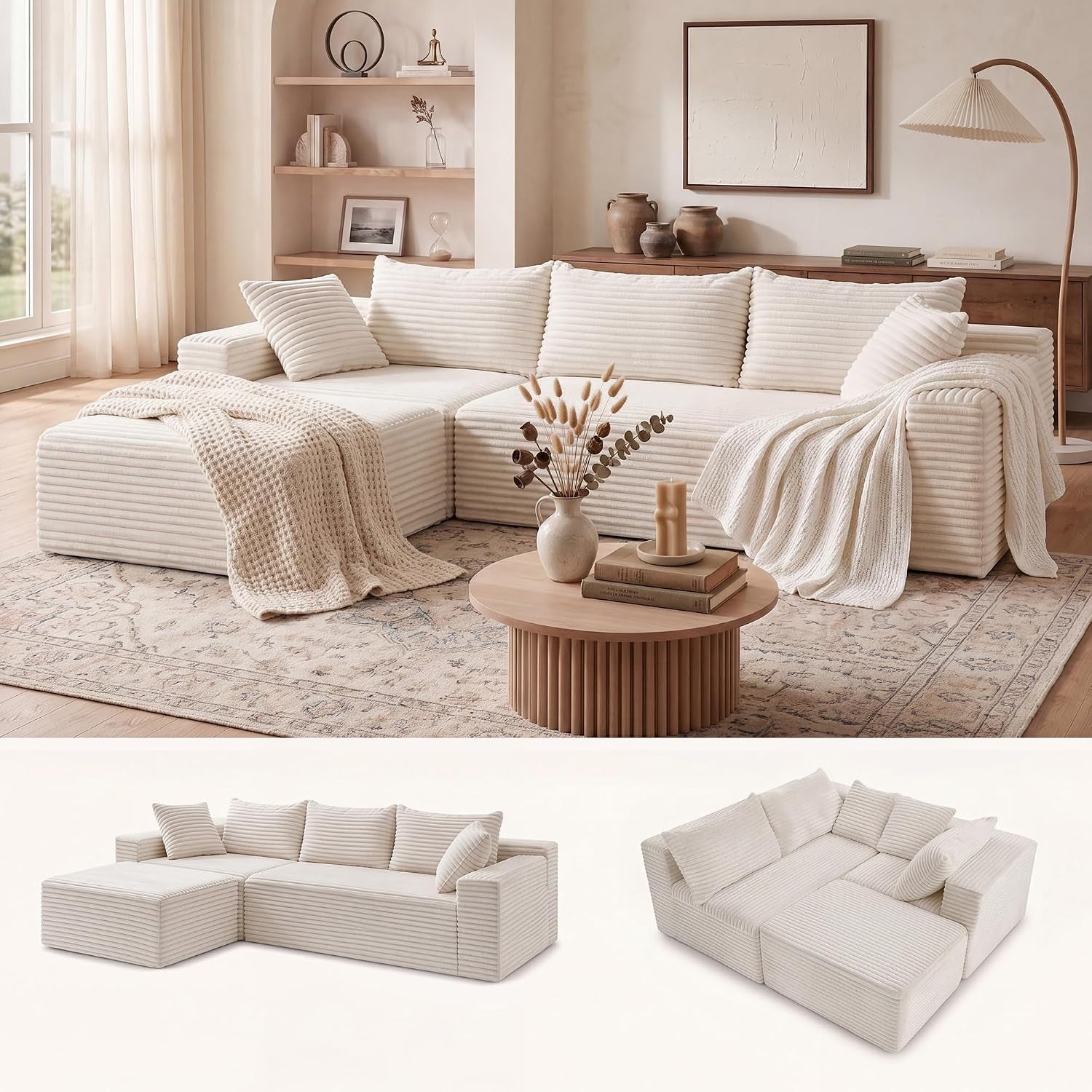 94" Boneless Couch, L-Shape Corduroy Sectional Sofa, Beige | Flexible Module Combination for Living Room, No Assembly, Deep Seat,Stain Resistant Abrasion, Apartment, Includes 1 Ottoman