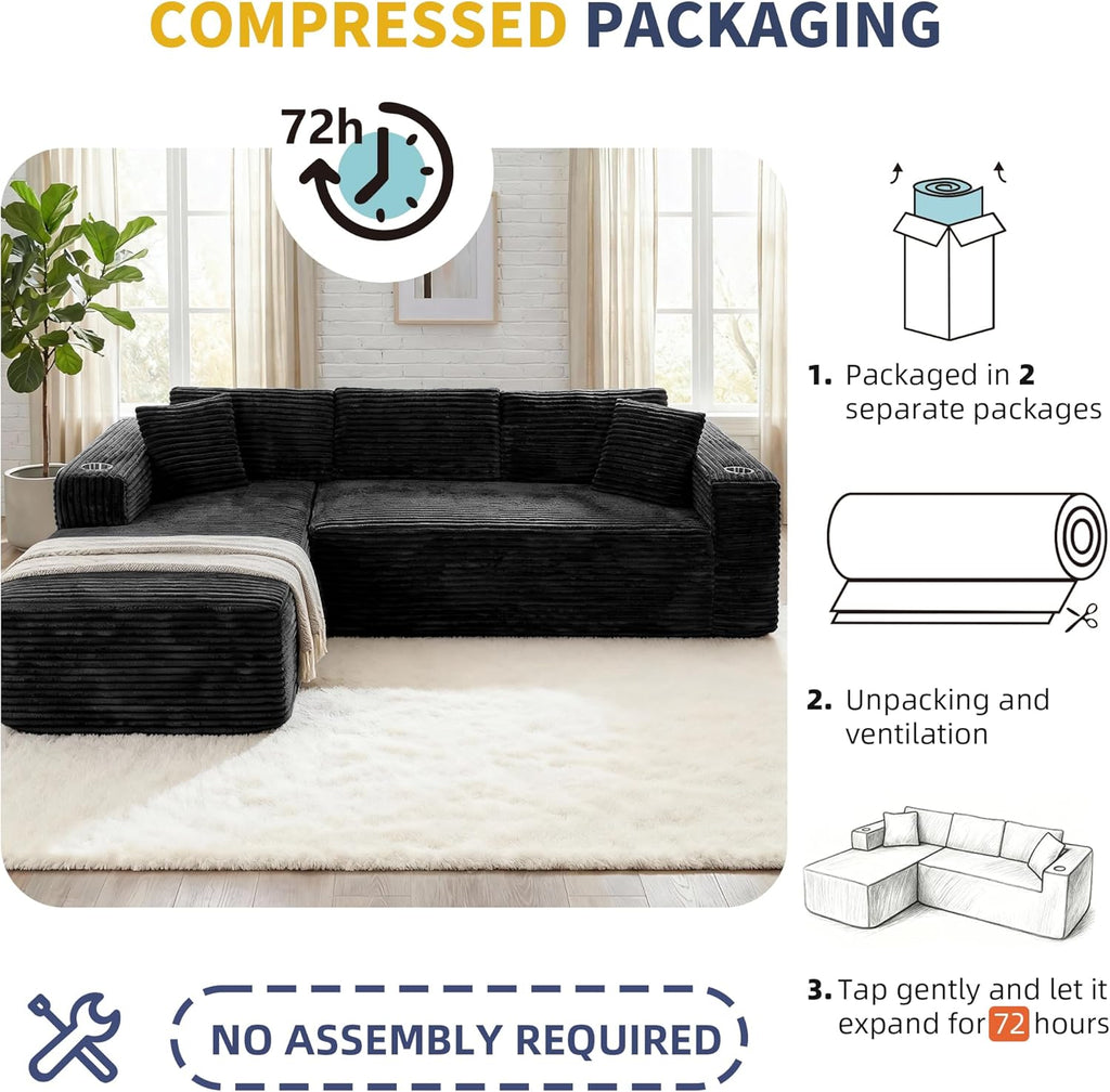103" Boneless Couches for Living Room with 2 Cup Holders,L Shaped Modular Sectional Sofa Set,No Assembly Needed Plush Corduroy Living Room Set,Black