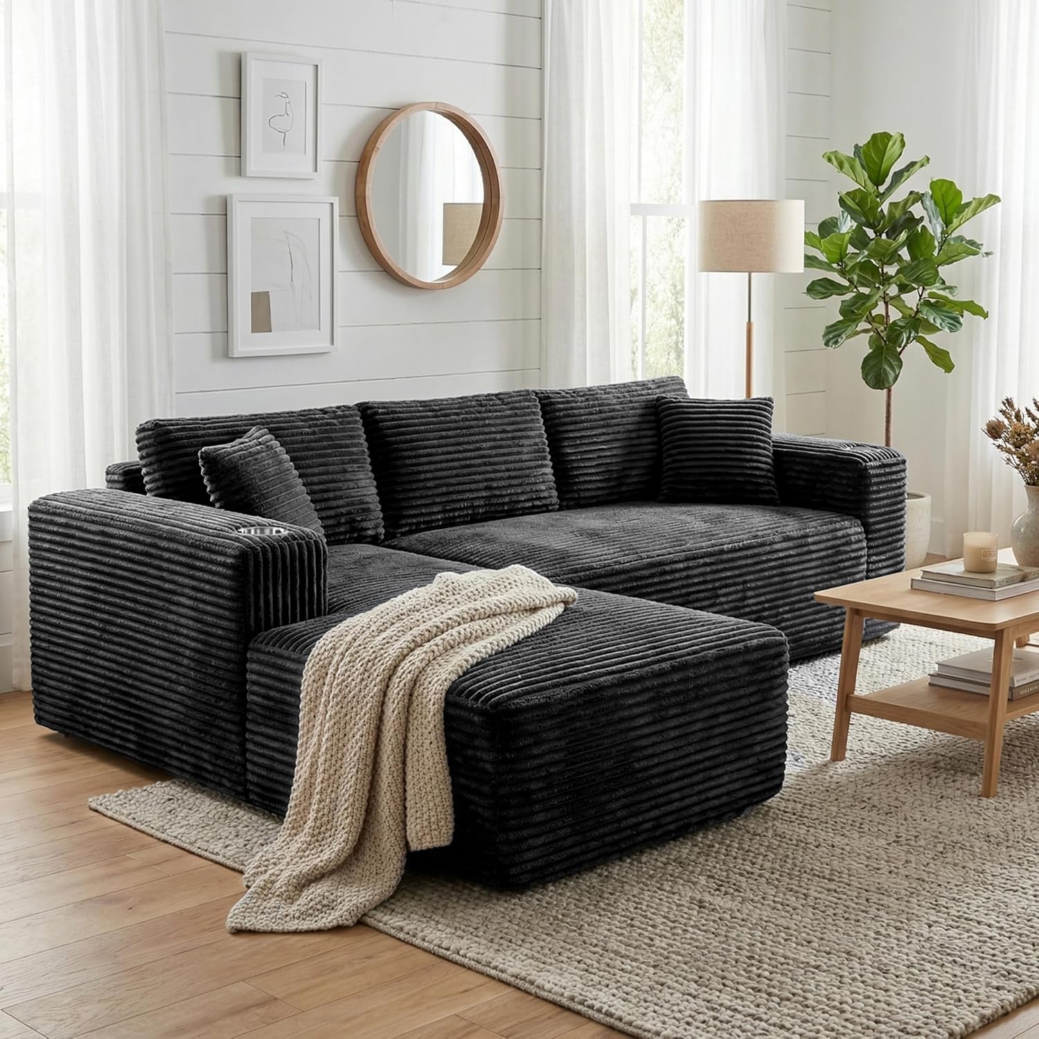 103" Boneless Couches for Living Room with 2 Cup Holders,L Shaped Modular Sectional Sofa Set,No Assembly Needed Plush Corduroy Living Room Set,Black