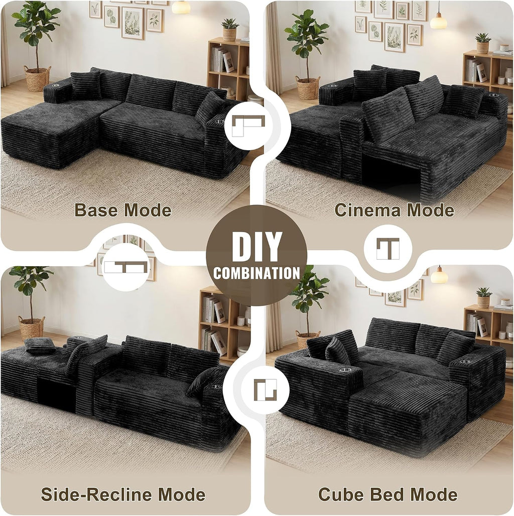 103" Boneless Couches for Living Room with 2 Cup Holders,L Shaped Modular Sectional Sofa Set,No Assembly Needed Plush Corduroy Living Room Set,Black