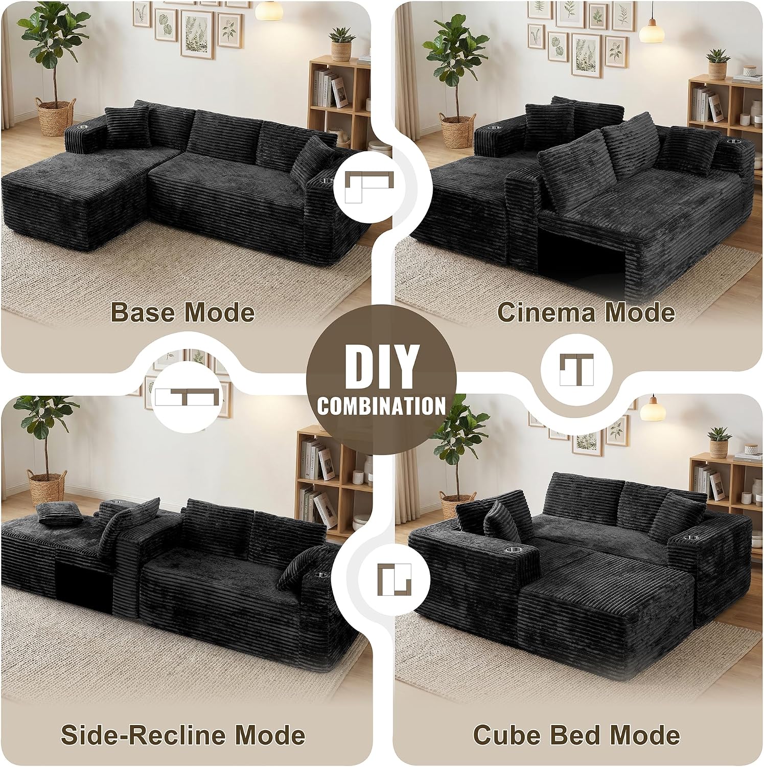 103" Boneless Couches for Living Room with 2 Cup Holders,L Shaped Modular Sectional Sofa Set,No Assembly Needed Plush Corduroy Living Room Set,Black