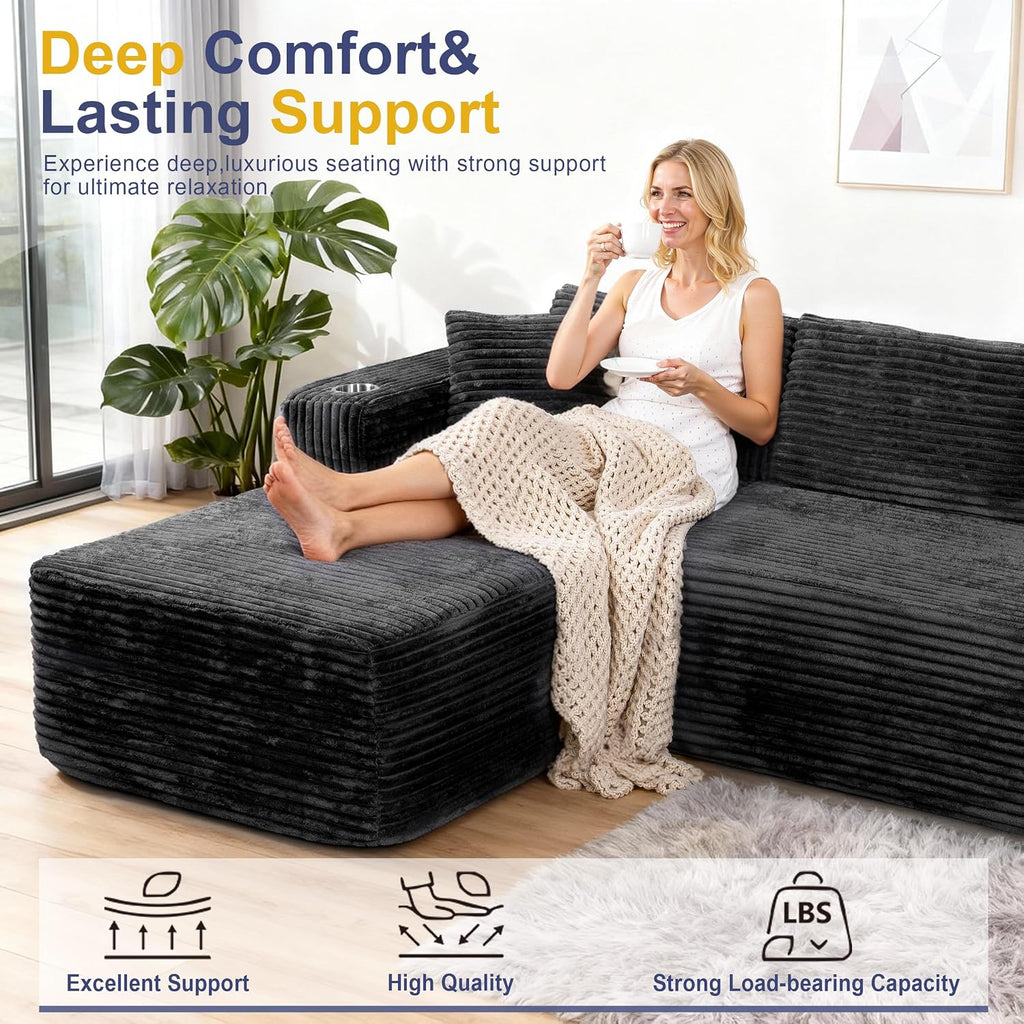 103" Boneless Couches for Living Room with 2 Cup Holders,L Shaped Modular Sectional Sofa Set,No Assembly Needed Plush Corduroy Living Room Set,Black