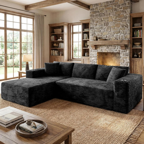 103" Boneless Couches for Living Room with 2 Cup Holders,L Shaped Modular Sectional Sofa Set,No Assembly Needed Plush Corduroy Living Room Set,Black