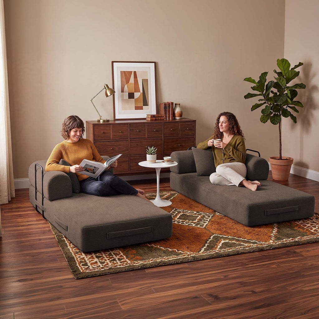 79" Memory Foam Sofa Bed, Convertible Futon Boneless Couch for Living Room | Corduroy Loveseat Sleeper, Modular Floor Futon with 2 Pillows, 26" Deep Seat, No Assembland and Removable Washable Covers