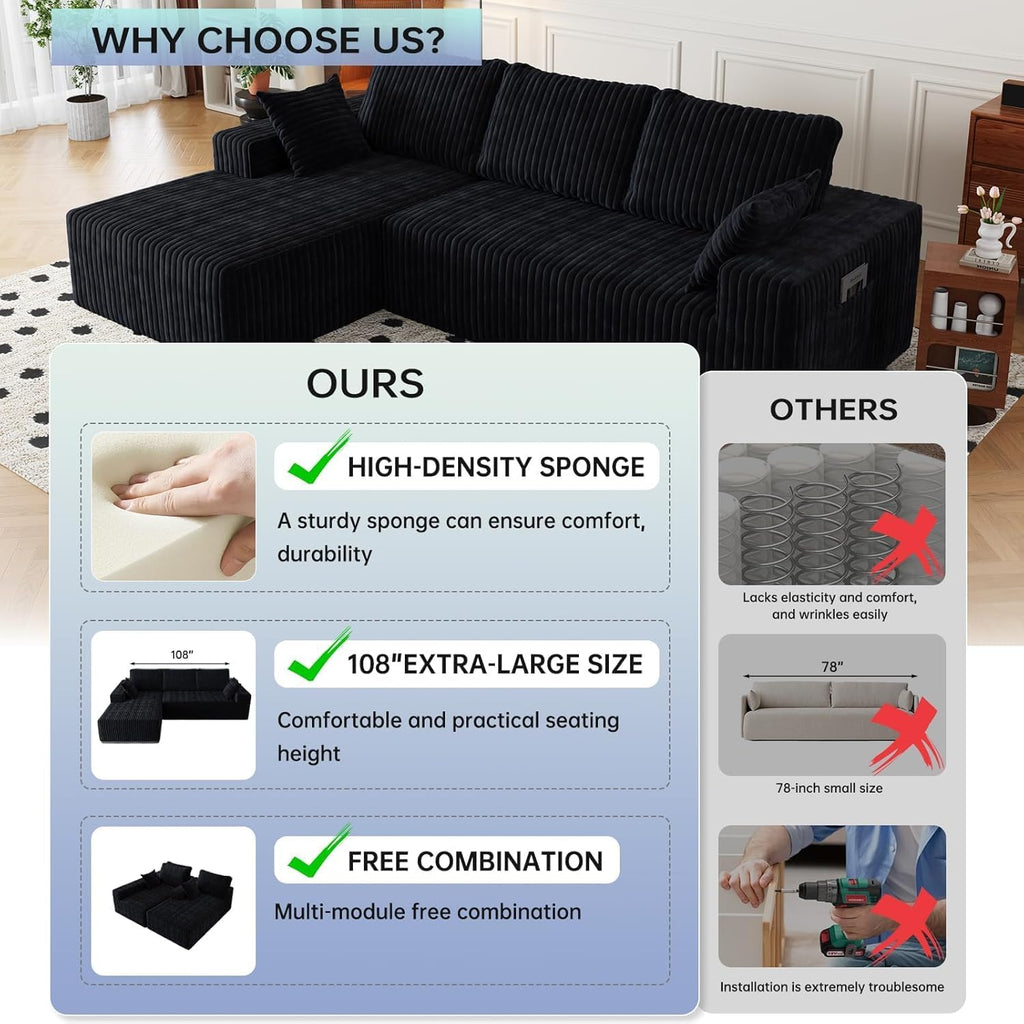 108" Modular Sectional Cloud Couch for Living Room Deep Seat L Shapes Boneless Couch with Oversized Chaise Lounge, Comfy Memory Foam Flannel Fabric Sofa for Bedroom Apartment, No Assembly Required