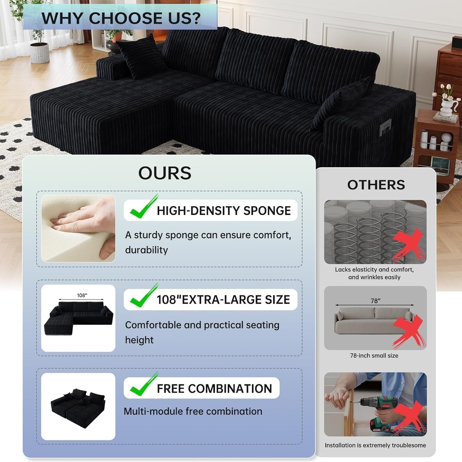 108" Modular Sectional Cloud Couch for Living Room Deep Seat L Shapes Boneless Couch with Oversized Chaise Lounge, Comfy Memory Foam Flannel Fabric Sofa for Bedroom Apartment, No Assembly Required