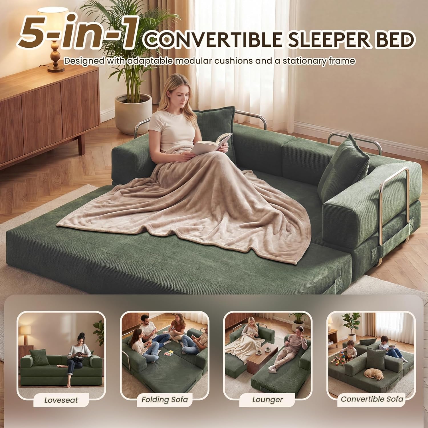 78 Inch Convertible Sofa Bed, 5-In-1 Futon Sofa Bed Pull Out Couch, Boneless Couch Bed for Living Room, Corduroy Boneless Couches for Bedroom, Apartment, No Assembly Sleeper Sofa Bed, Green