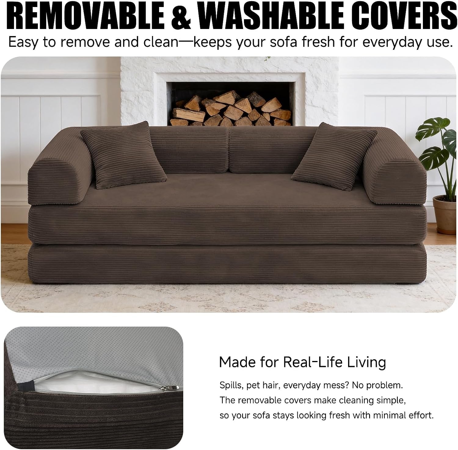 79" Memory Foam Sofa Bed, Convertible Futon Boneless Couch for Living Room | Corduroy Loveseat Sleeper, Modular Floor Futon with 2 Pillows, 26" Deep Seat, No Assembland and Removable Washable Covers