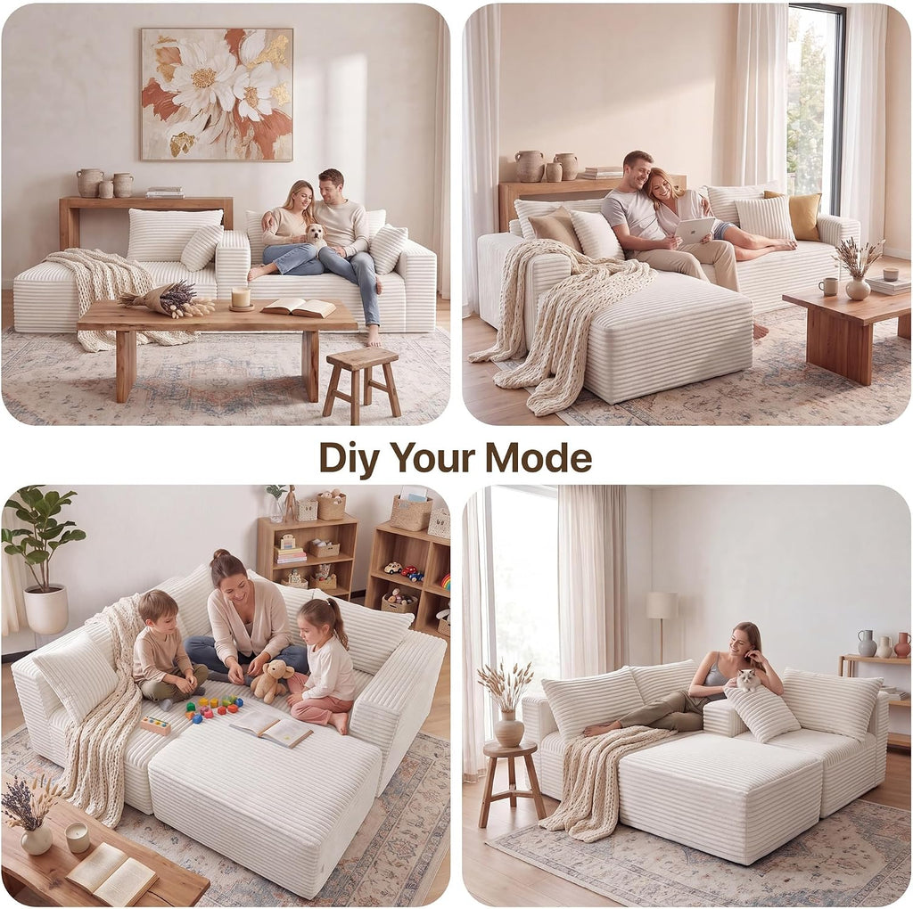 94" Boneless Couch, L-Shape Corduroy Sectional Sofa, Beige | Flexible Module Combination for Living Room, No Assembly, Deep Seat,Stain Resistant Abrasion, Apartment, Includes 1 Ottoman