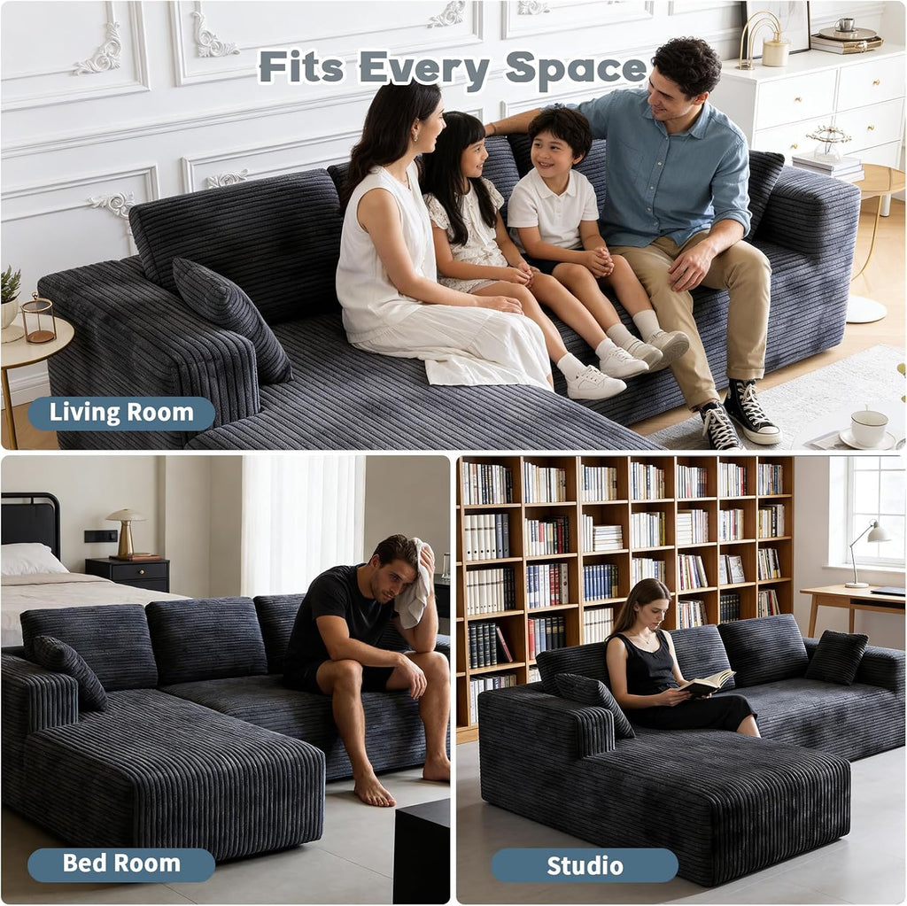 106" Corduroy Sectional Couch, Boneless L Shaped Couch with Deep Seat, Cloud Foam Sofa with Oversized Chaise, Sectional Sofa No Assembly Needed for Living Room