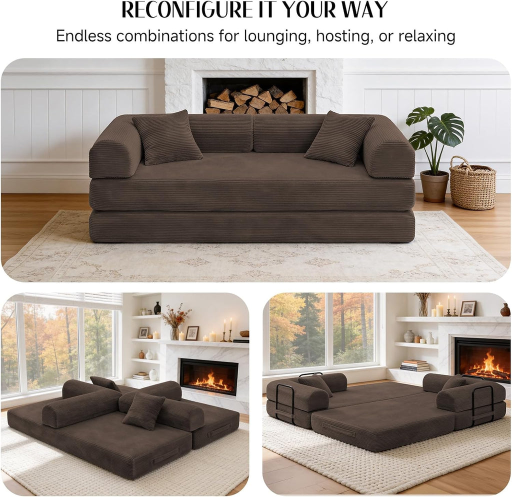 79" Memory Foam Sofa Bed, Convertible Futon Boneless Couch for Living Room | Corduroy Loveseat Sleeper, Modular Floor Futon with 2 Pillows, 26" Deep Seat, No Assembland and Removable Washable Covers