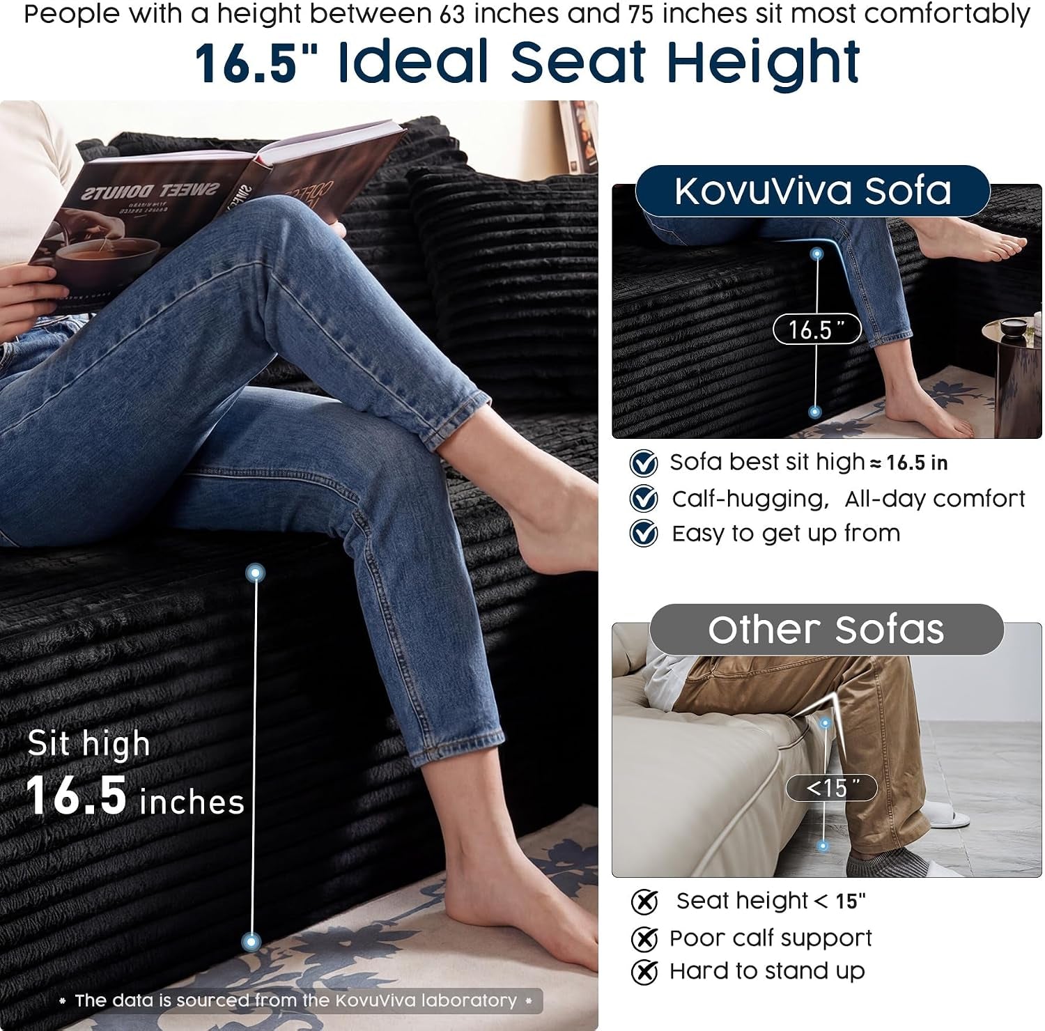 Black U Shaped Sectional Couch with Ottoman for Living Room, 108" Modular Cloud Sofa with Left Facing Chaise, Deep Seat Corduroy Boneless Couch, Modern No Assembly Large Sofa