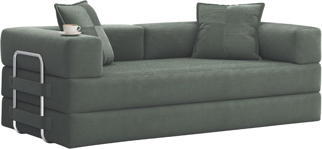 78 Inch Convertible Sofa Bed, 5-In-1 Futon Sofa Bed Pull Out Couch, Boneless Couch Bed for Living Room, Corduroy Boneless Couches for Bedroom, Apartment, No Assembly Sleeper Sofa Bed, Green