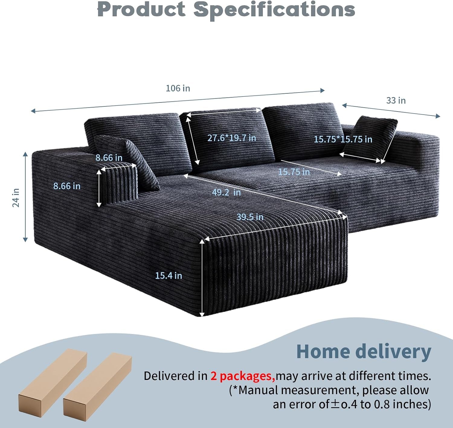 106" Corduroy Sectional Couch, Boneless L Shaped Couch with Deep Seat, Cloud Foam Sofa with Oversized Chaise, Sectional Sofa No Assembly Needed for Living Room