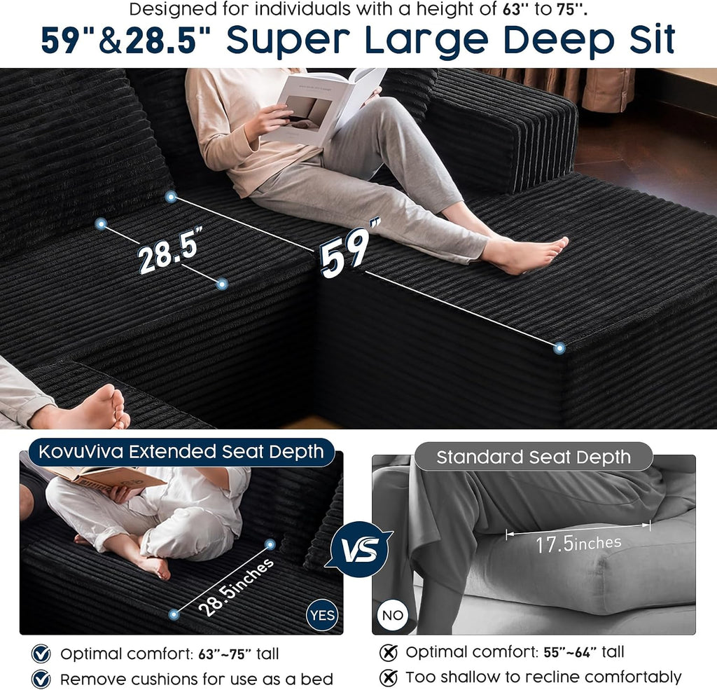 Black U Shaped Sectional Couch with Ottoman for Living Room, 108" Modular Cloud Sofa with Left Facing Chaise, Deep Seat Corduroy Boneless Couch, Modern No Assembly Large Sofa