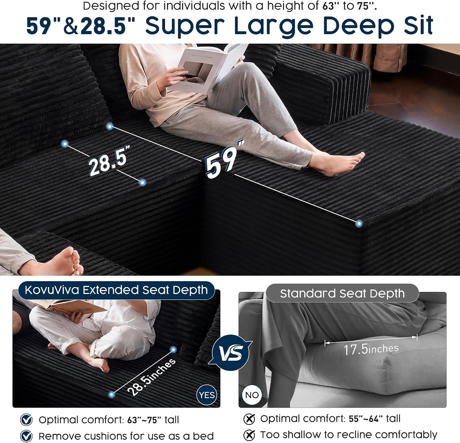 Black U Shaped Sectional Couch with Ottoman for Living Room, 108" Modular Cloud Sofa with Left Facing Chaise, Deep Seat Corduroy Boneless Couch, Modern No Assembly Large Sofa