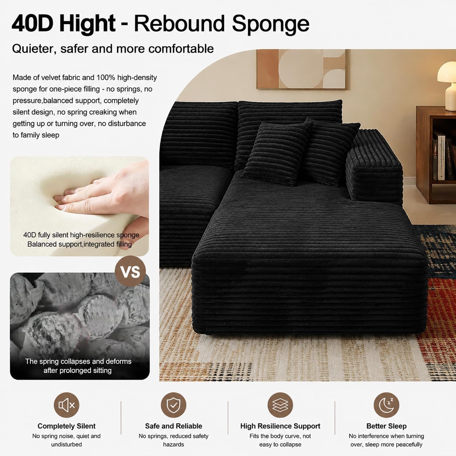 108" Modular Sectional Cloud Couch for Living Room Deep Seat L Shapes Boneless Couch with Oversized Chaise Lounge, Comfy Memory Foam Flannel Fabric Sofa for Bedroom Apartment, No Assembly Required