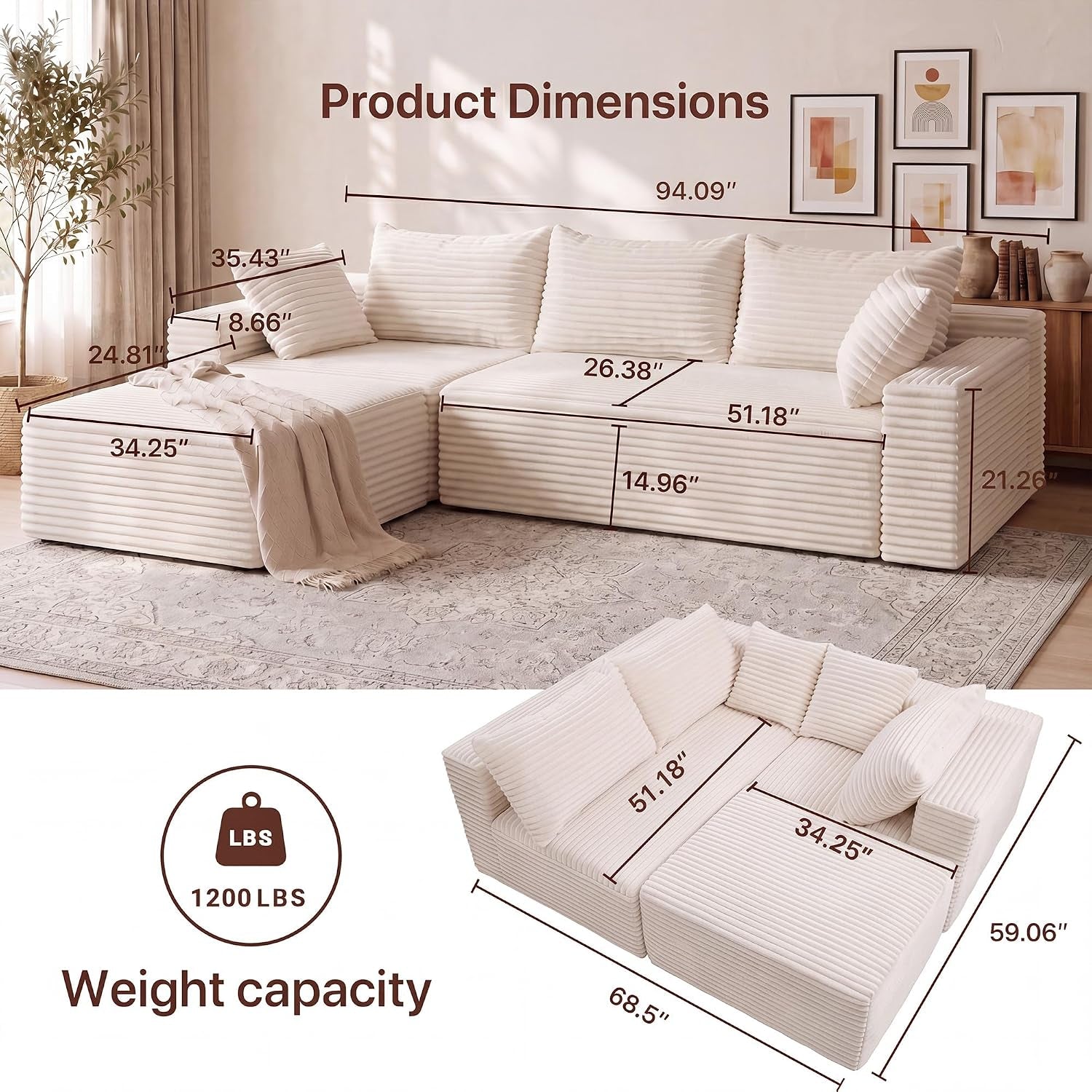 94" Boneless Couch, L-Shape Corduroy Sectional Sofa, Beige | Flexible Module Combination for Living Room, No Assembly, Deep Seat,Stain Resistant Abrasion, Apartment, Includes 1 Ottoman
